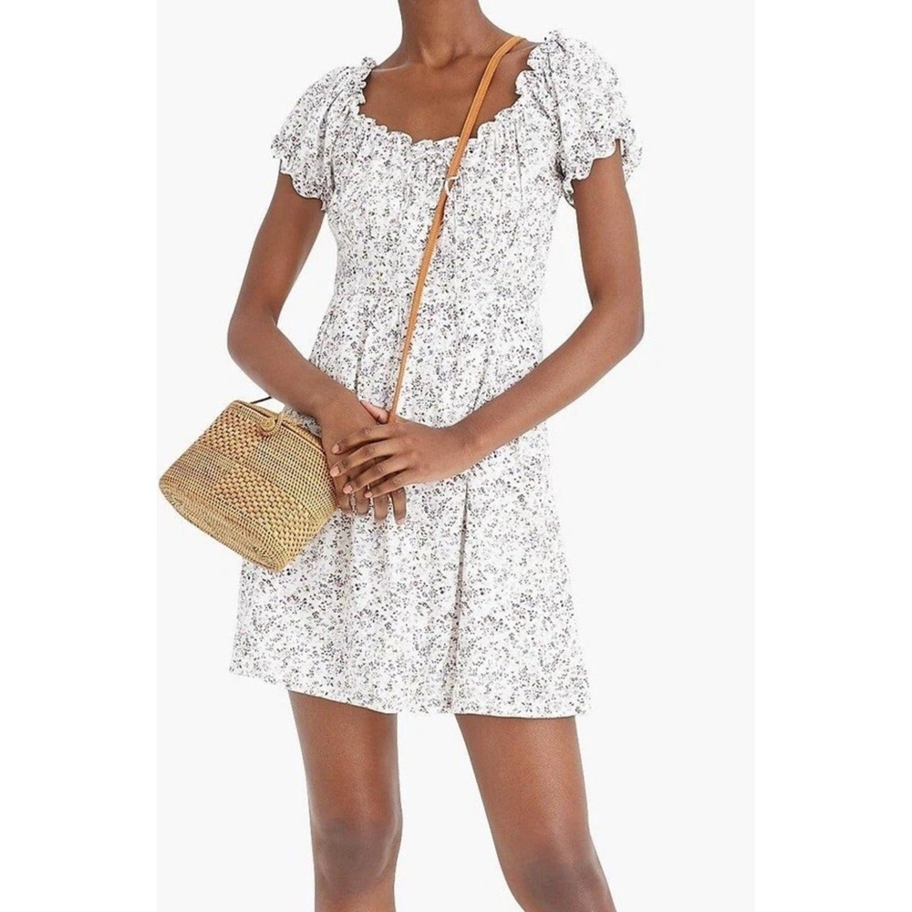 J.Crew Puff Sleeve White Floral Mini‎ Dress Sz 0 Milkmaid Sweetheart Neck Line